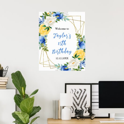 Blauw en Geel Bloemen Verjaardagsfeest Welkomstbor Poster (Thuiskantoor)