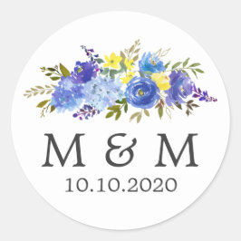 Blauw en Geel | Bloemenbruiloft Classic Monogram Ronde Sticker
