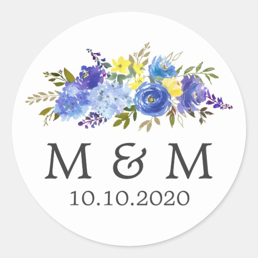 Blauw en Geel | Bloemenbruiloft Classic Monogram Ronde Sticker (Voorkant)
