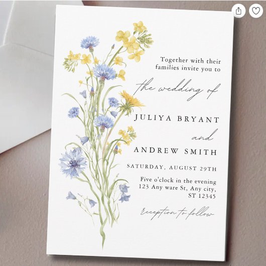 Blauw en geel bloemenschrift bruiloft kaart