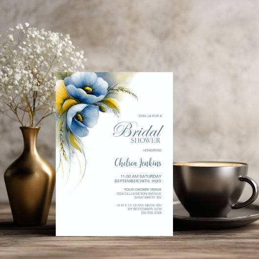 Blauw en Geel Bloemig Bruidsfeest Kaart