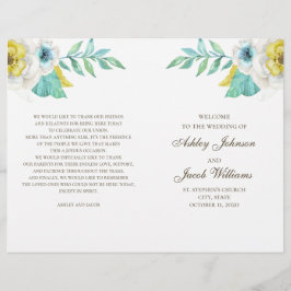 Blauw en geel bloemig trouwprogramma gevouwen