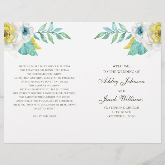 Blauw en geel bloemig trouwprogramma gevouwen (Voorkant)