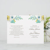 Blauw en geel bloemig trouwprogramma gevouwen (Staand voorkant)