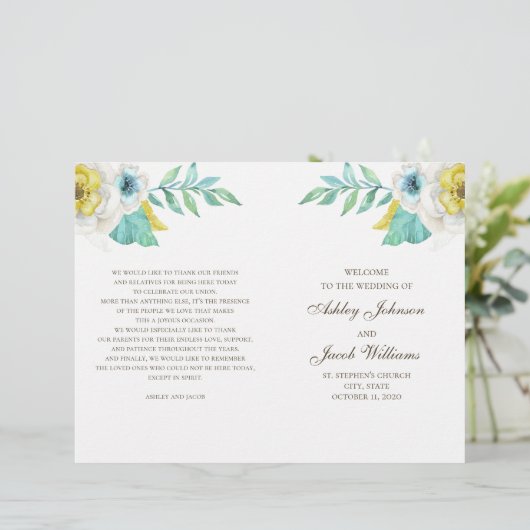 Blauw en geel bloemig trouwprogramma gevouwen (Staand voorkant)