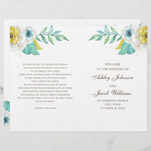 Blauw en geel bloemig trouwprogramma gevouwen (Voorkant / Achterkant)