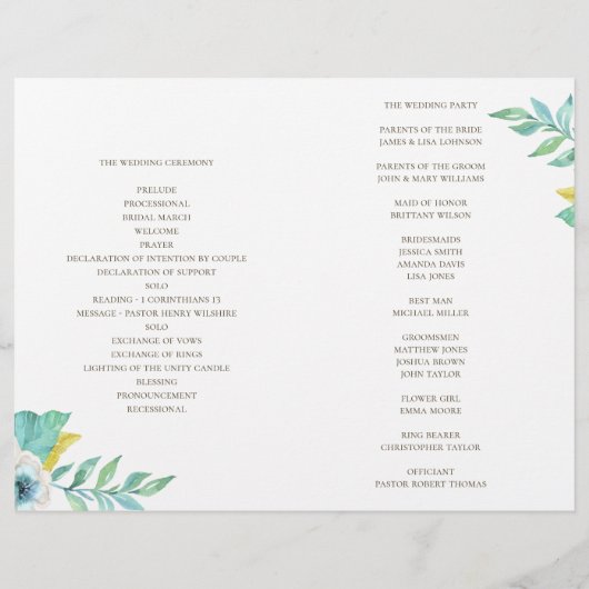 Blauw en geel bloemig trouwprogramma gevouwen (Achterkant)