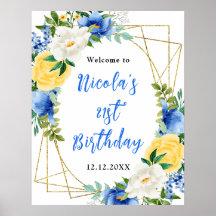 Blauw en Geel Bloemig Verjaardags Welkom