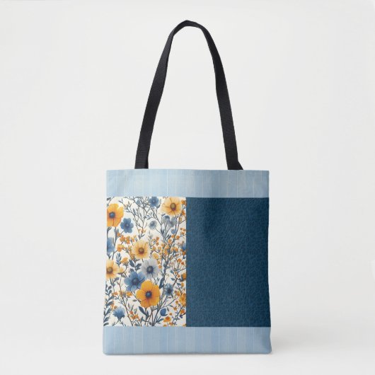 blauw en geel bloemige halve mix tote bag (Voorkant)