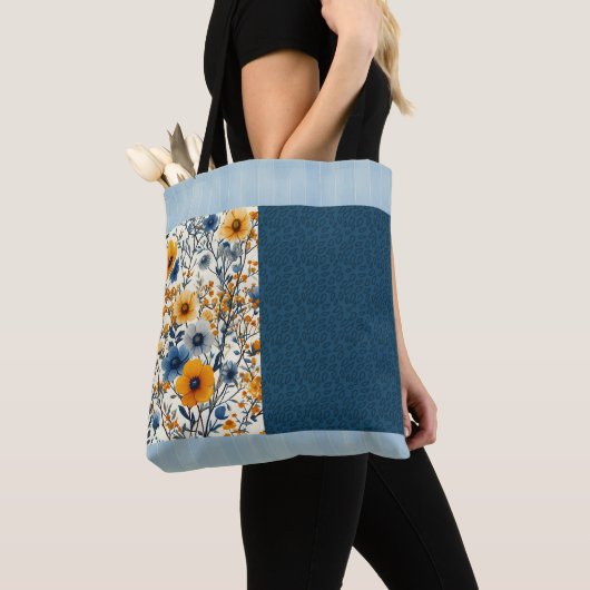 blauw en geel bloemige halve mix tote bag (Dichtbij)