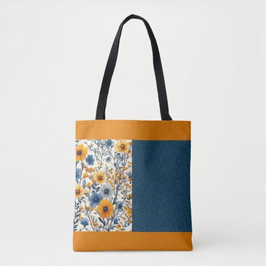  blauw en geel  bloemige halve mix tote bag (Voorkant)