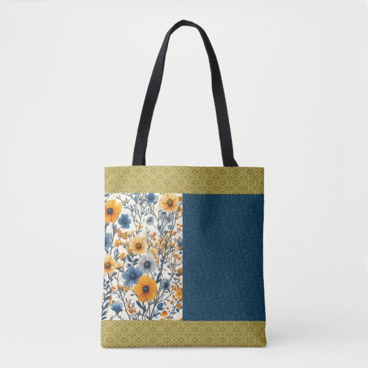 blauw en geel bloemige halve mix tote bag (Voorkant)