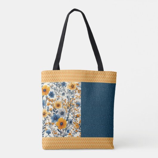 blauw en geel bloemige halve mix tote bag (Achterkant)
