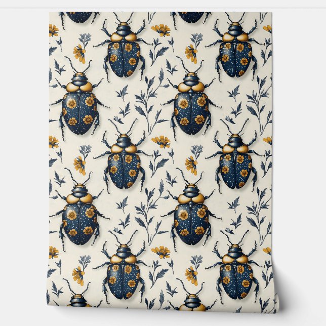  blauw en geel bloemkeverpatroon Deco Behang (Afrollen)