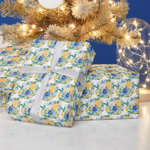 Blauw en Geel Bloemmotief Cadeaupapier