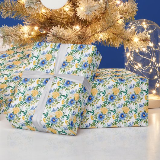 Blauw en Geel Bloemmotief Cadeaupapier (Feestdagen)