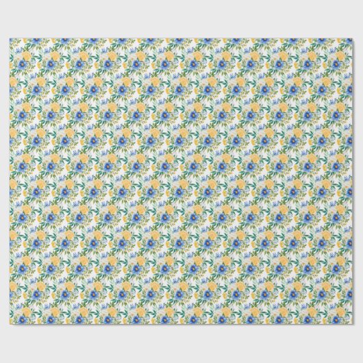 Blauw en Geel Bloemmotief  Cadeaupapier (Vlak)