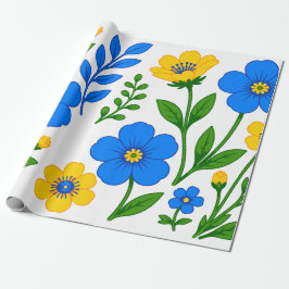 Blauw en Geel Bloemmotief Cadeaupapier