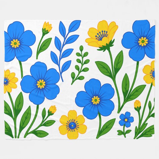 Blauw en Geel Bloemmotief Fleece Deken (Voorkant (Horizontaal))
