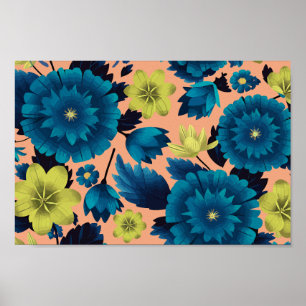 Blauw en Geel Bloemmotief op Perzik Kleurige Achte Poster