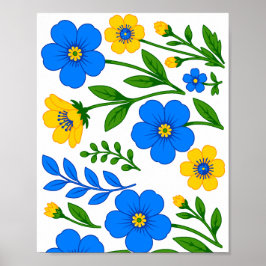 Blauw en Geel Bloemmotief Poster