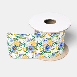 Blauw en Geel Bloemmotief  Satijnen Lint