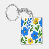 Blauw en Geel Bloemmotief Sleutelhanger (Voorkant Links)