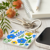 Blauw en Geel Bloemmotief Sleutelhanger (Voorkant Rechts)