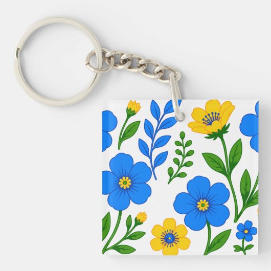 Blauw en Geel Bloemmotief Sleutelhanger (Voorkant)