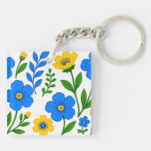 Blauw en Geel Bloemmotief Sleutelhanger (Achterkant)