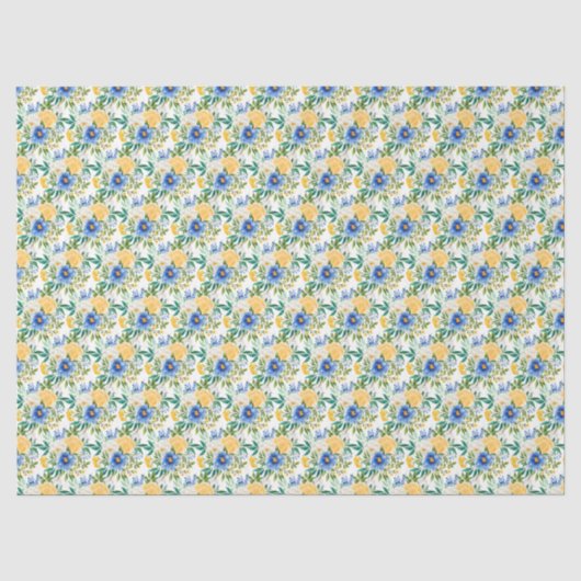 Blauw en Geel Bloemmotief Tissuepapier (Voorkant)