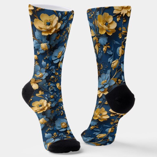 Blauw en Geel Bloemontwerp Sokken (Gebogen)