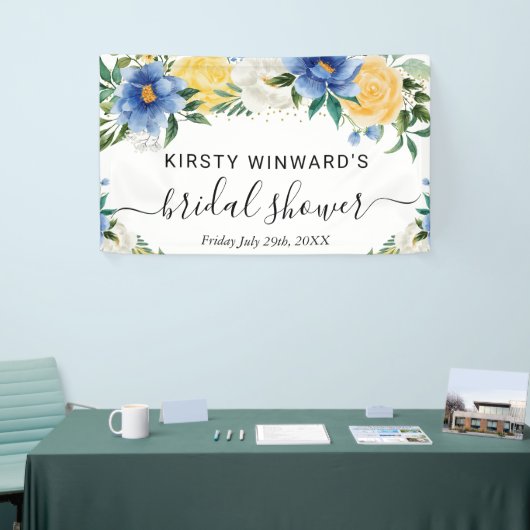 Blauw en geel Boho-bloemen bruidsdouche welkom Spandoek (Beurs)