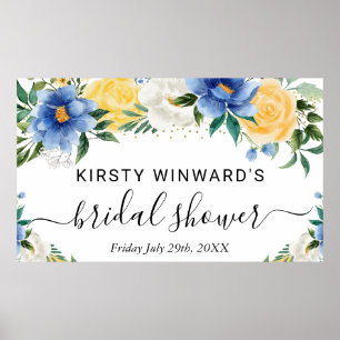 Blauw en Geel Boho Bloemen Bruiloft Feest Welkom Poster