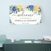 Blauw en geel Boho Bloemen Bruiloft Welkom Spandoek (Beurs)