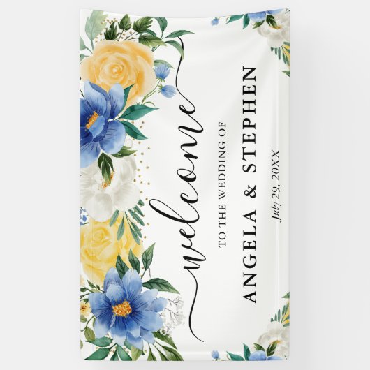 Blauw en geel Boho Bloemen Bruiloft Welkom Spandoek (Verticaal)