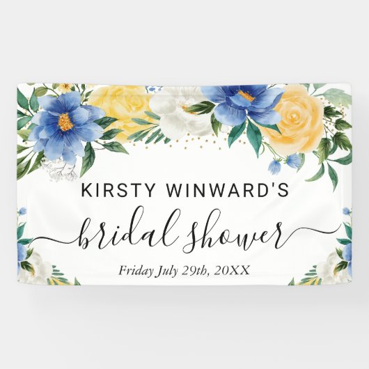 Blauw en Geel Boho Bloemen Bruiloftsshower Welkom Spandoek (Horizontaal)