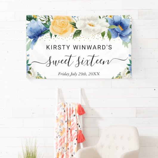 Blauw en geel Boho Bloemen Sweet 16 Welkom Spandoek (Insitu)