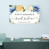 Blauw en geel Boho Bloemen Sweet 16 Welkom Spandoek (Beurs)