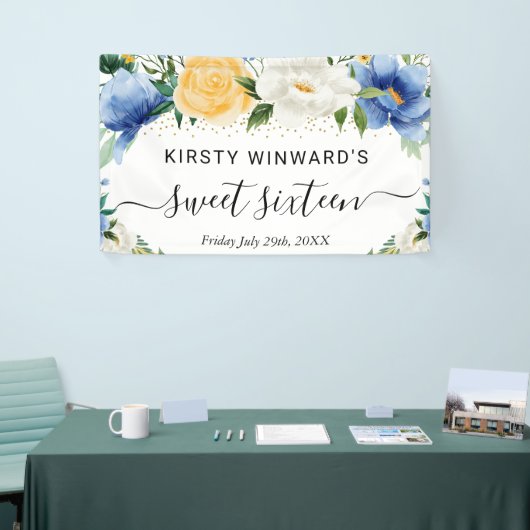 Blauw en geel Boho Bloemen Sweet 16 Welkom Spandoek (Beurs)
