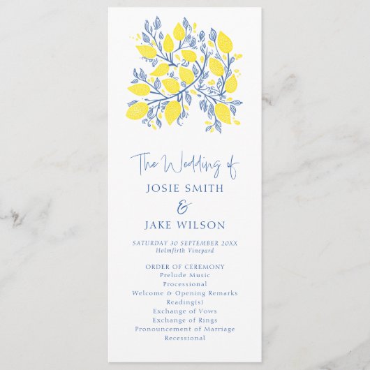 Blauw en Geel Botanische heldere bruiloft Programmakaart (Voorkant)