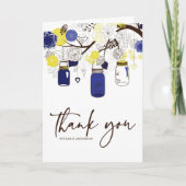 Blauw en geel bruidsbedankingskaart met Mason pott Bedankkaart (Voorkant)
