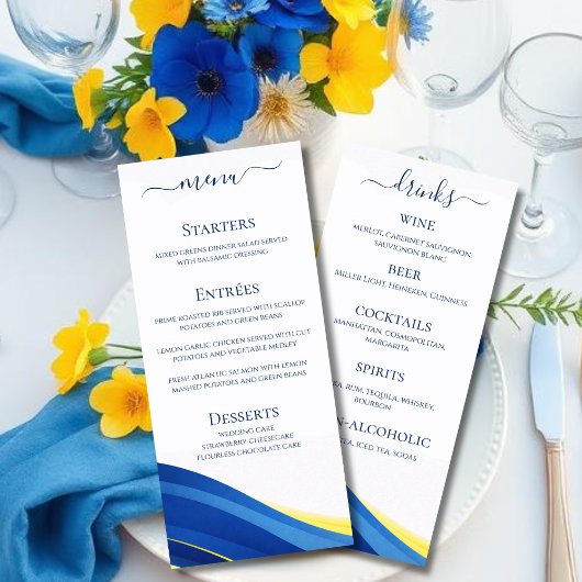 Blauw en Geel Bruiloft Diner en Bar Menu