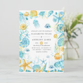 Blauw en Geel Bruiloft met Zeeleven Kaart (Staand voorkant)
