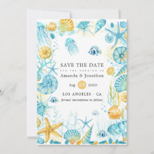 Blauw en Geel Bruiloft met Zeeleven Thema Save The Date
