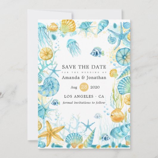 Blauw en Geel Bruiloft met Zeeleven Thema Save The Date (Voorkant)