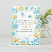 Blauw en Geel Bruiloft met Zeeleven Thema Save The Date (Staand voorkant)