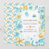 Blauw en Geel Bruiloft met Zeeleven Thema Save The Date (Voorkant / Achterkant)