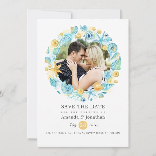 Blauw en Geel Bruiloftsfoto met Zeeleven Save The Date (Voorkant)
