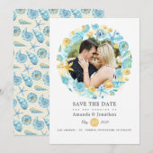 Blauw en Geel Bruiloftsfoto met Zeeleven Save The Date (Voorkant / Achterkant)